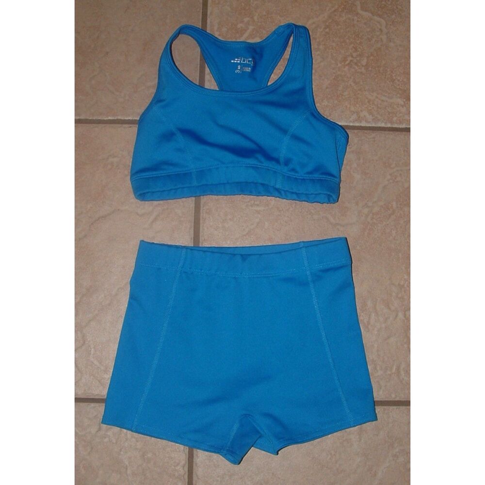 LIKE NEW Girls Sz Small (7) Blue Athletic Sports Bra & Bike Shorts 2 Pc Set BCG